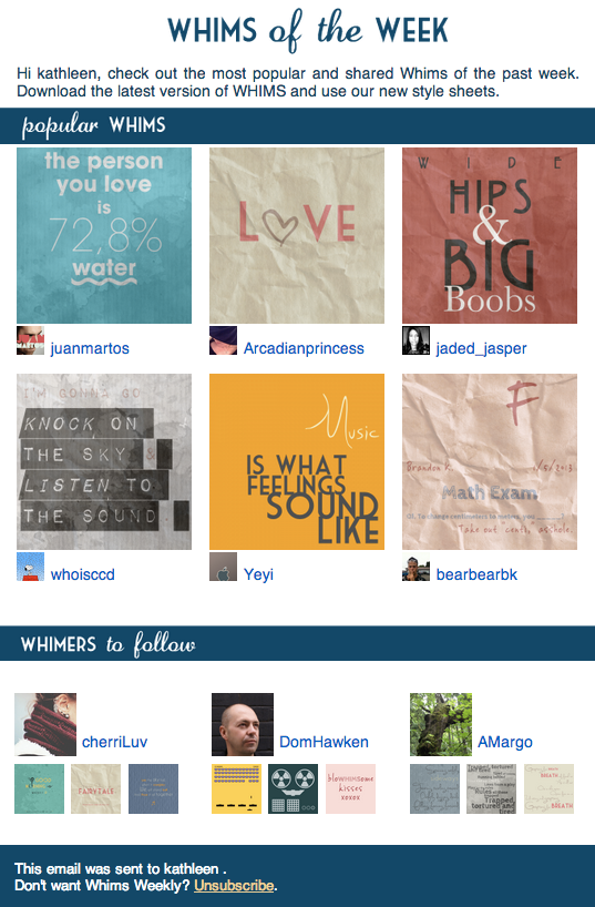 whims weekly email